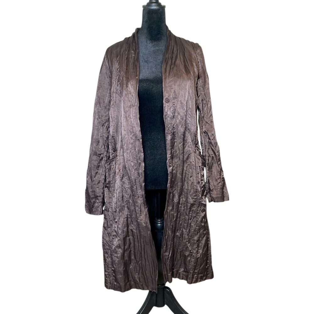 Eileen Fisher Brown Long Open Front Crinkle Coat